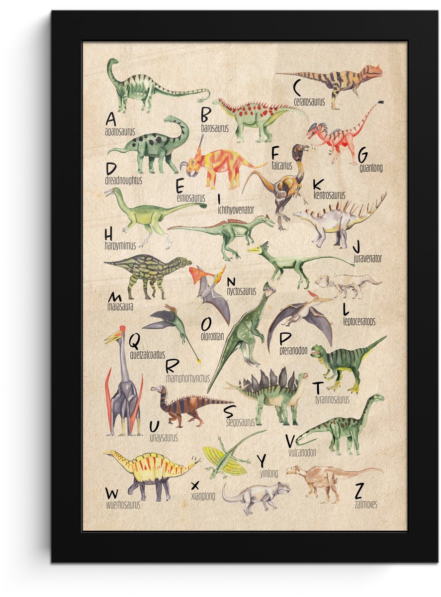 Poster in lijst jongenskamer - Poster dino - Dino schilderij - Alfabet - Dino - Dinosaurus - Educatief - Retro - 20x30 cm