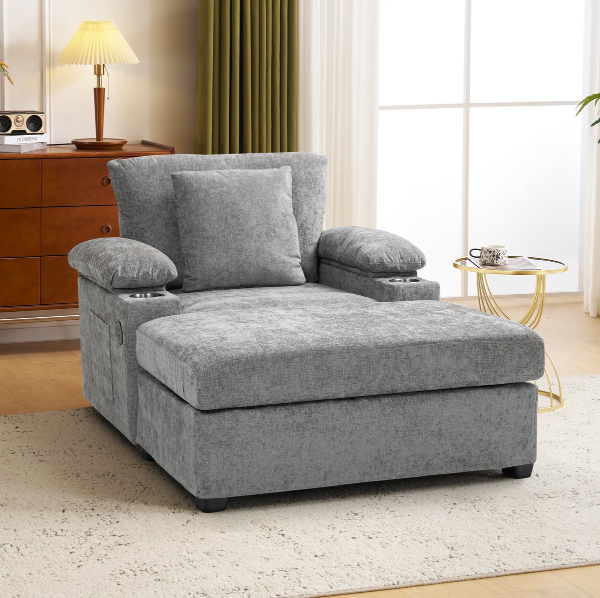 STILVORA Relaxfauteuil - 1-Zits Ligstoel Met USB-Oplaadfunctie En Bekerhouders - Voor Woonkamer En Kantoor - Chenille Grijs