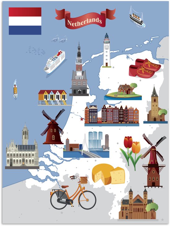 Poster 30x40 cm - Illustratie van een cartoonachtige kaart van Nederland - Posters - Kamer decoratie - Wanddecoratie woonkamer - Muurdecoratie slaapkamer