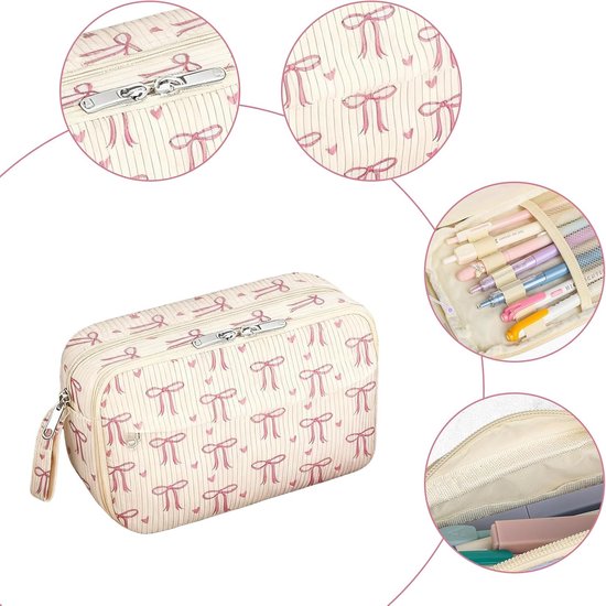 etui met 3 vakken voor meisjes, school, schrijfwaren, grote capaciteit met ritssluiting, effen, mooi schrijfwaren, roze strik voor kinderen (22 x 8 x 13 cm) — afbeelding 5