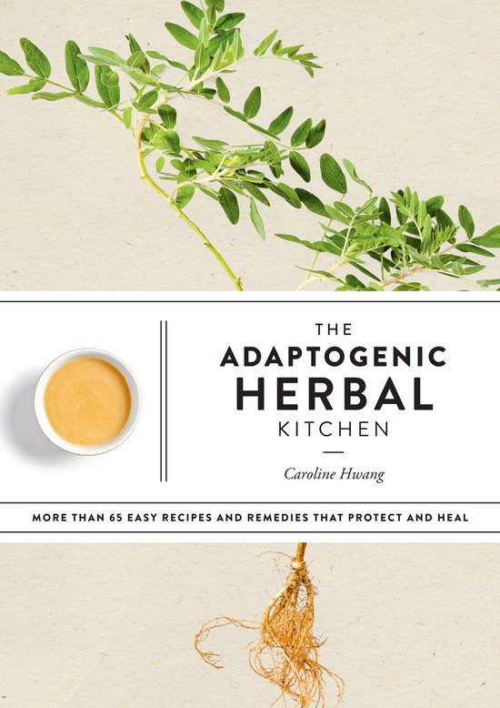 Boekomslag 'The Adaptogenic Herbal Kitchen' met tekst en afbeeldingen van takjes en wortels.