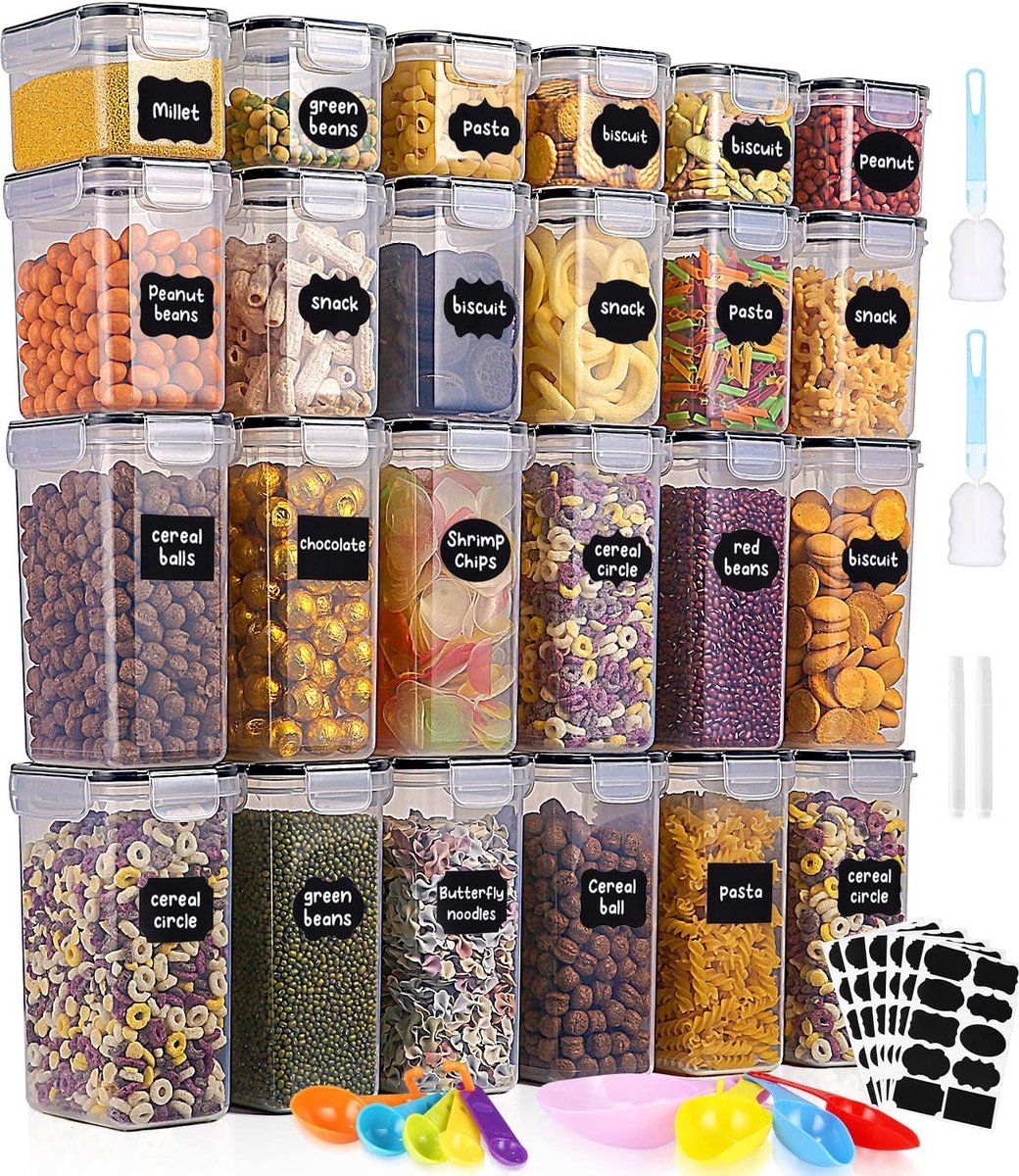 set van 24 met deksel, opbergdoos keuken van plastic met stickers, kwast en lepel, vershouddozen voor granen, meel, pasta, BPA-vrij