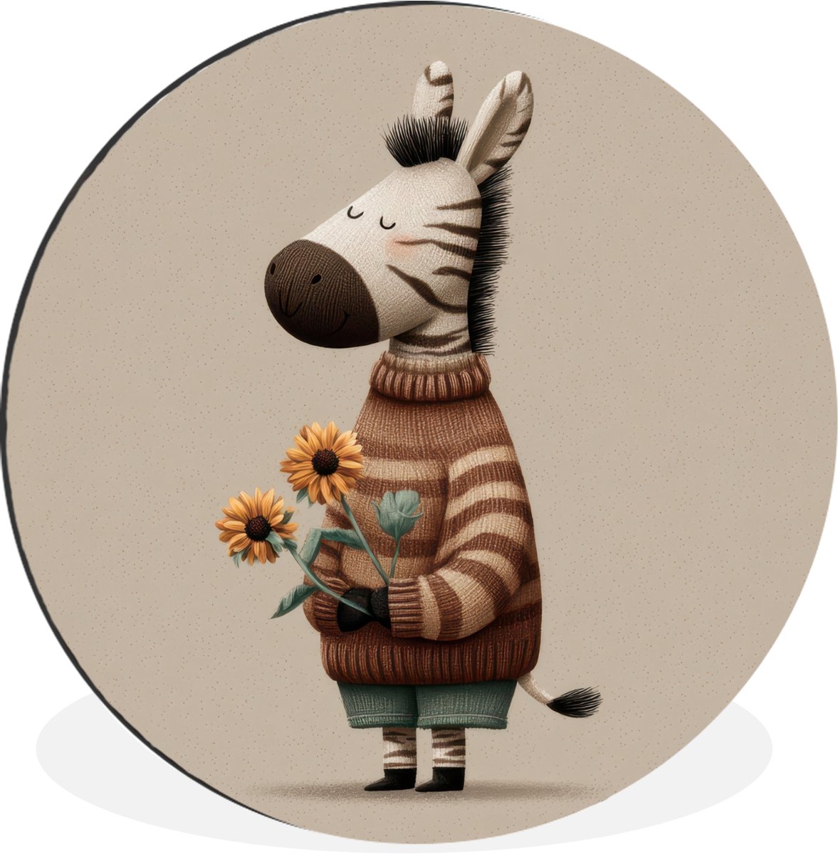 WallCircle Wandcirkel - Muurcirkel - Zebra - Zonnebloemen - Warm - Aluminium - Dibond - 60x60 cm - Binnen en Buiten