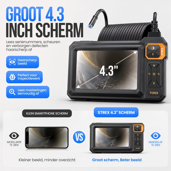 Zwarte inspectiecamera met 4.3 inch kleurenscherm, breedbeeldweergave en een flexibele kabel met camera.