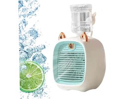 KZQ Blauwe Oplaadbare 3-In-1 Usb Tafelventilator Met Luchtkoeling, Luchtbevochtiger En Led Nachtlampje Voor Kantoor En Slaapkamer