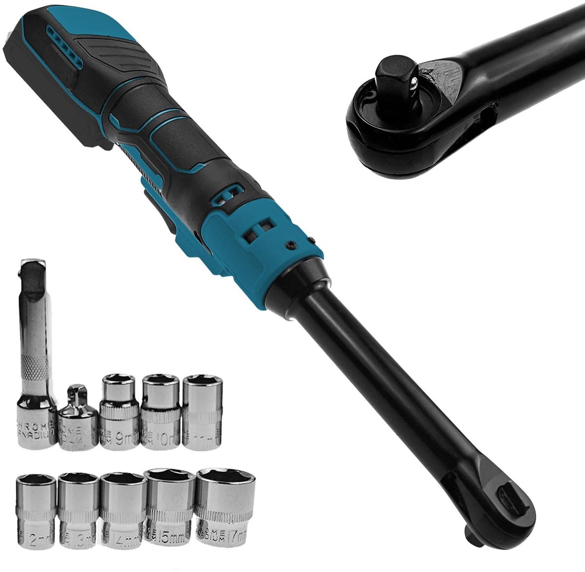 Dailygoods - Accu ratelsleutel voor Makita 18V accu, 3/8 inch verlengde elektrische ratelsleutelset met ledlicht, 9 10 11 12 13 14 15 17 mm dopsleutels, 320 omw/min, 80 N.m