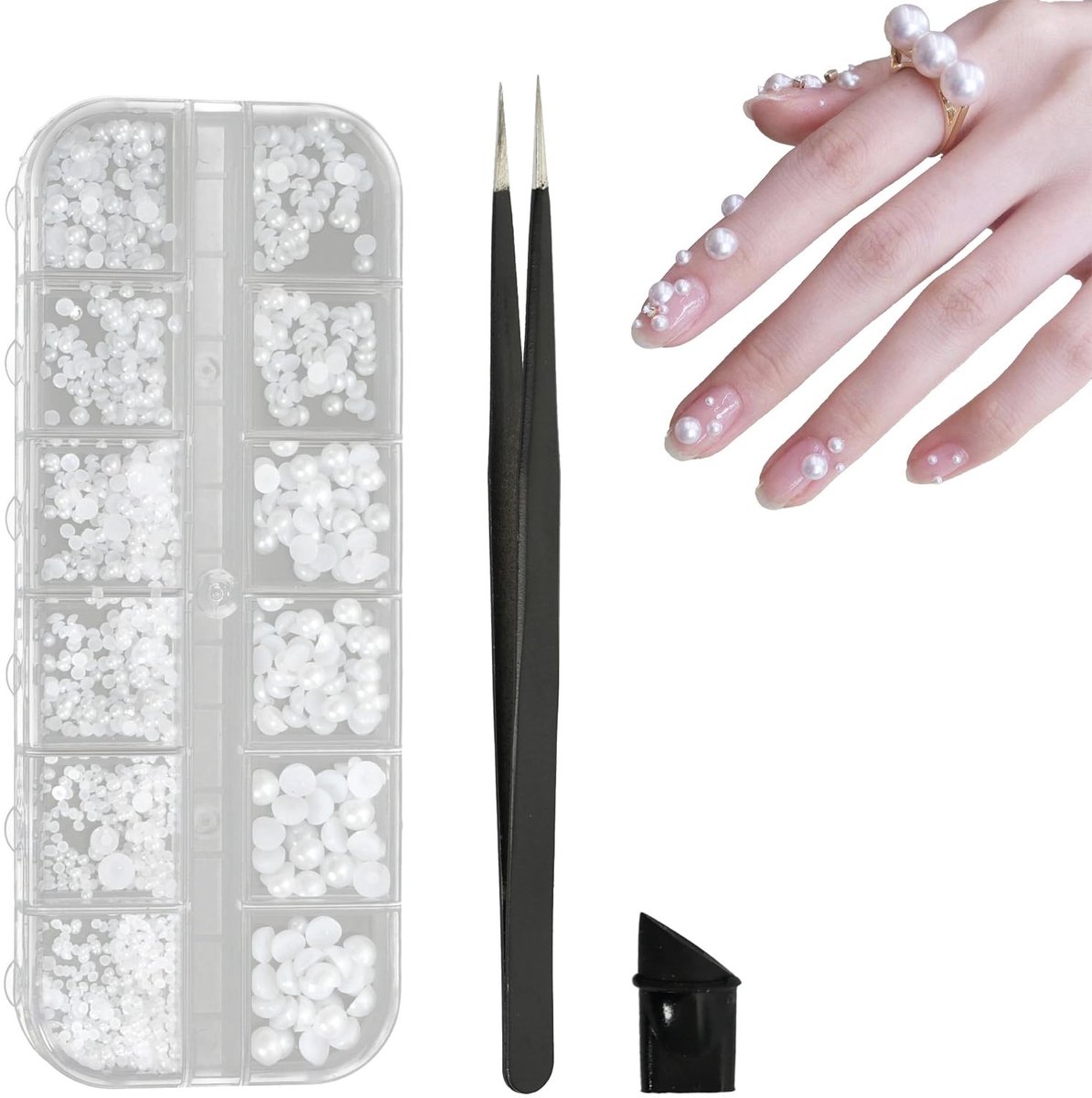 Dailygoods - 6 maten halfronde kralen, nail art, platte kralen, doos met parels, nail art, decoratie, met pincet, opbergdoos voor nagels, telefoonhoesje, knutselen (1 doos/12 vakken)