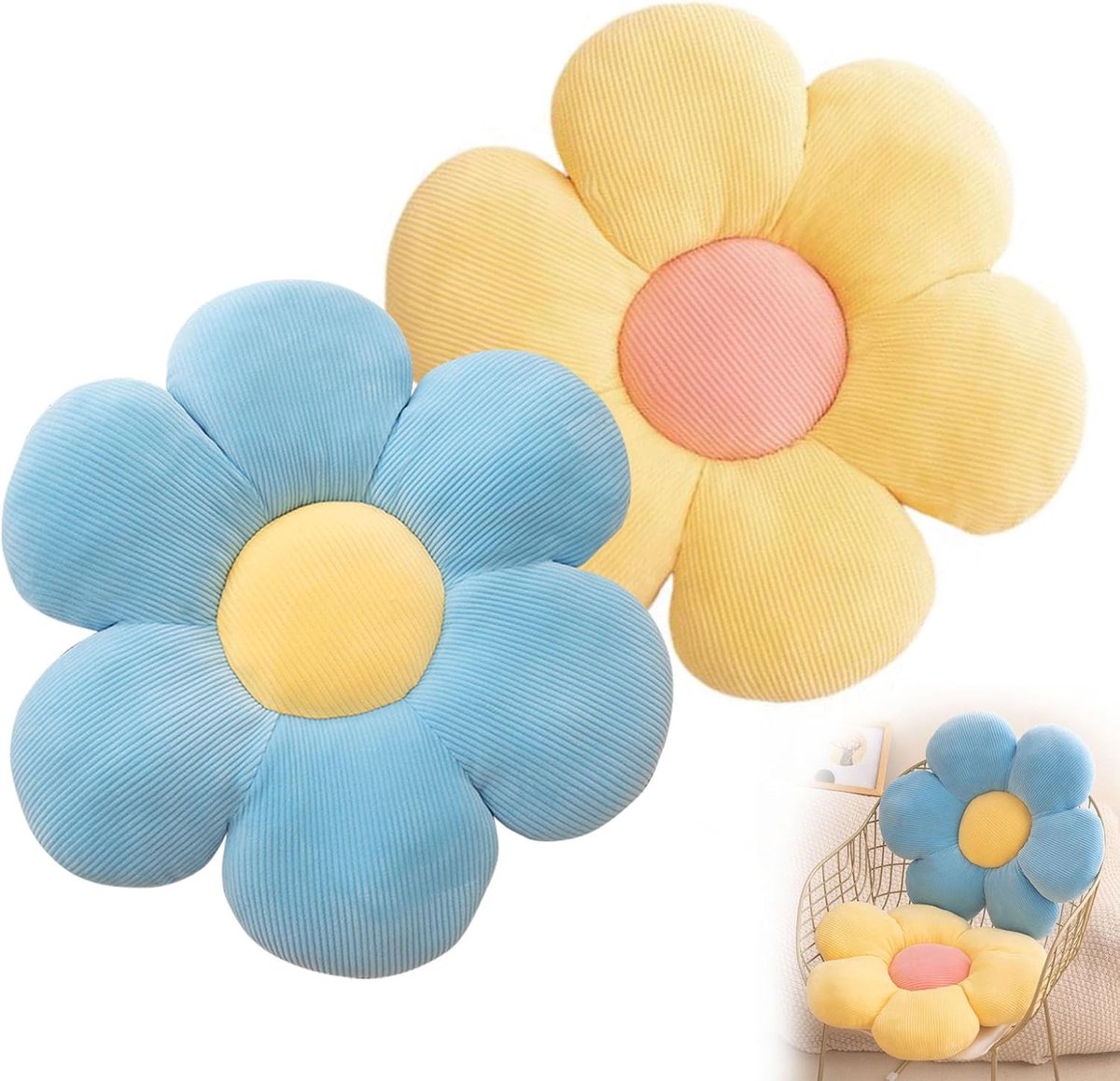 vloerkussen, 2 stuks bloemvloerkussen, zitkussen, 38 x 38 cm, bloemvloerkussen, tatami bloemvormig, zacht bloembladkussen, bloemvorm voor slaapkamer, bank (geel en blauw)