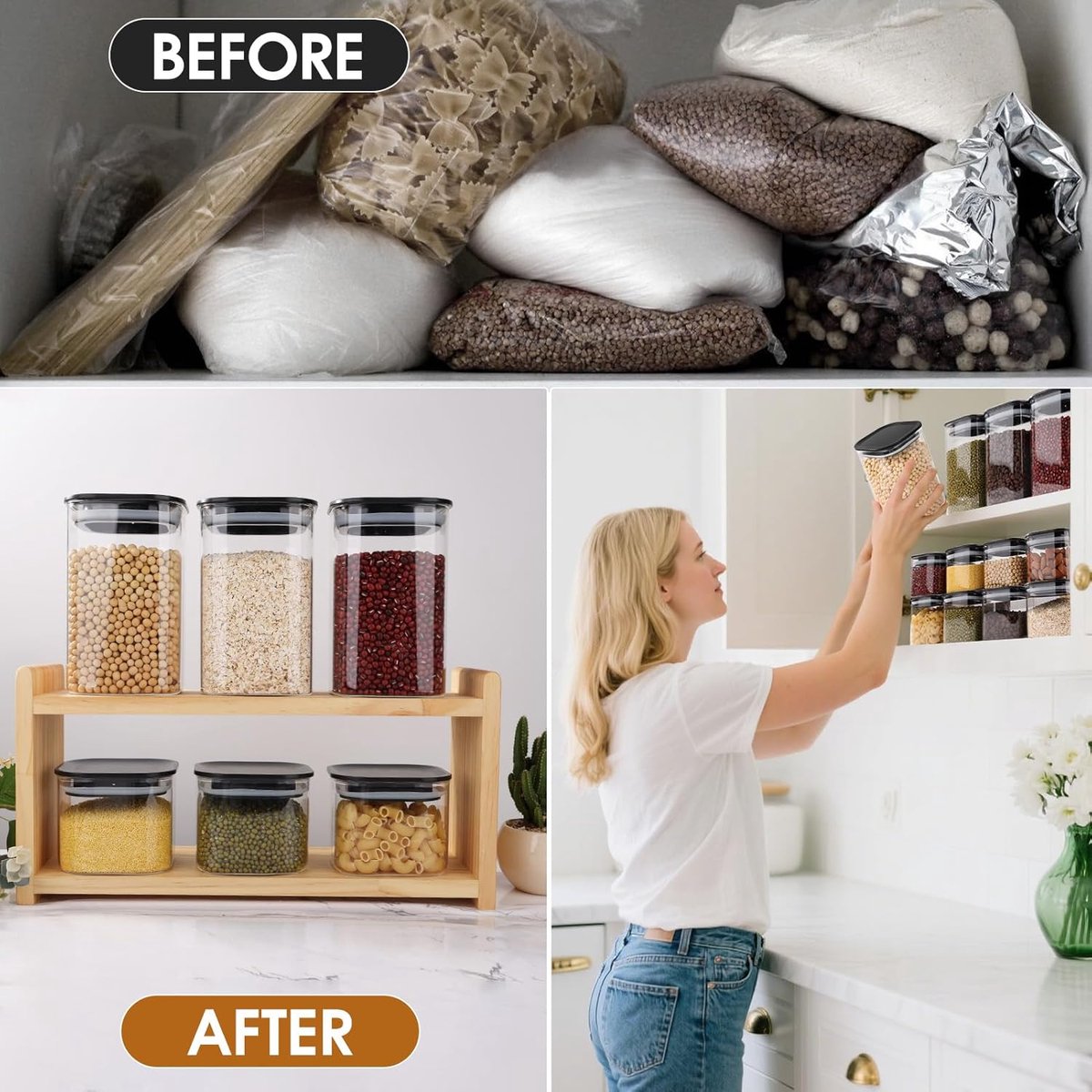 Set van 4 voorraadpotten met deksel, 1,2 l voorraaddozen, glas, vierkant, luchtdicht voorraadglas met zwart deksel, glazen container, opbergpotten voor keuken, pasta, pasta, meel, bonen — cadeau in Wonen & Interieur - foto 3