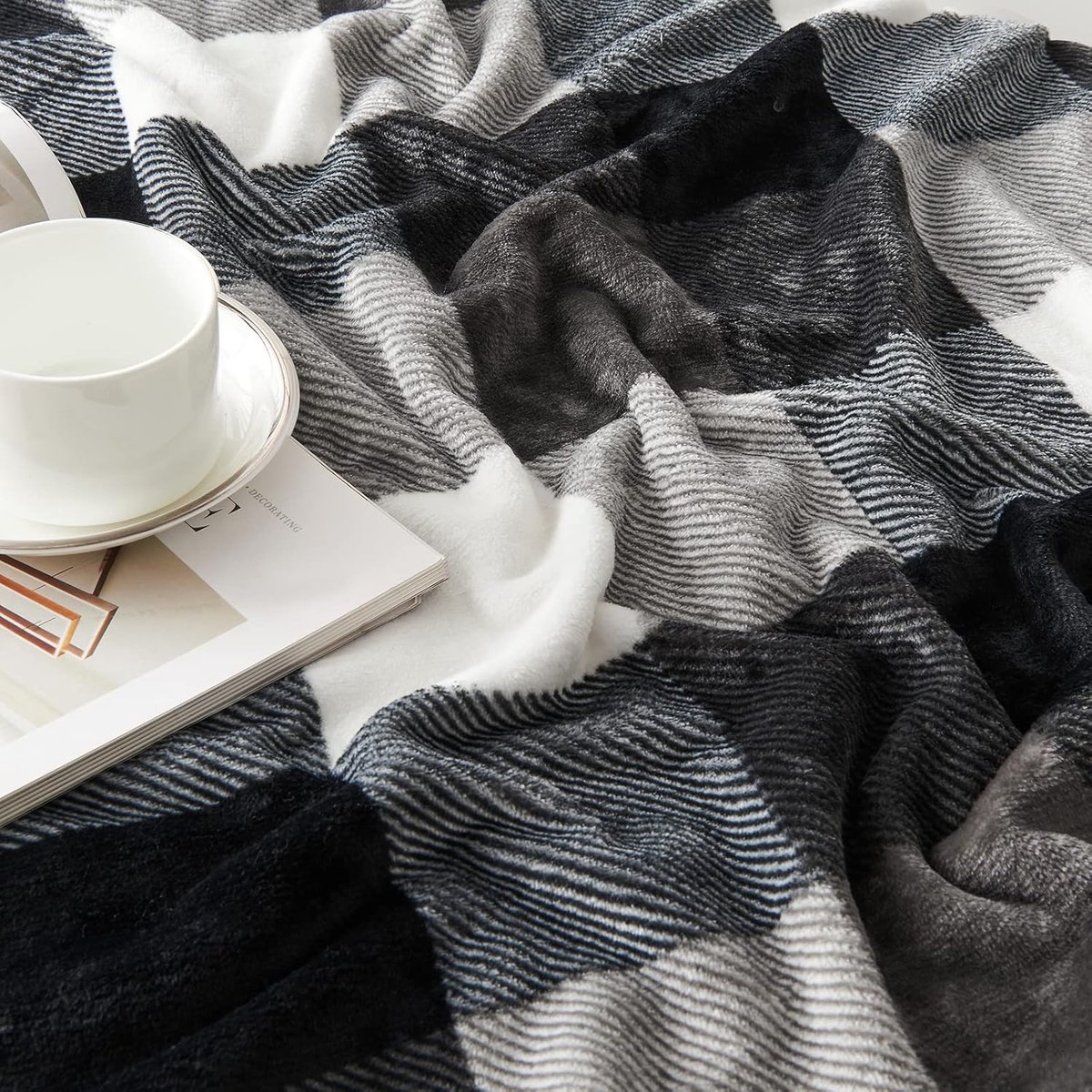 Flanellen fleece deken 150 cm × 200 cm, alle seizoenen geruite zwart/witte deken voor bed, bank, auto