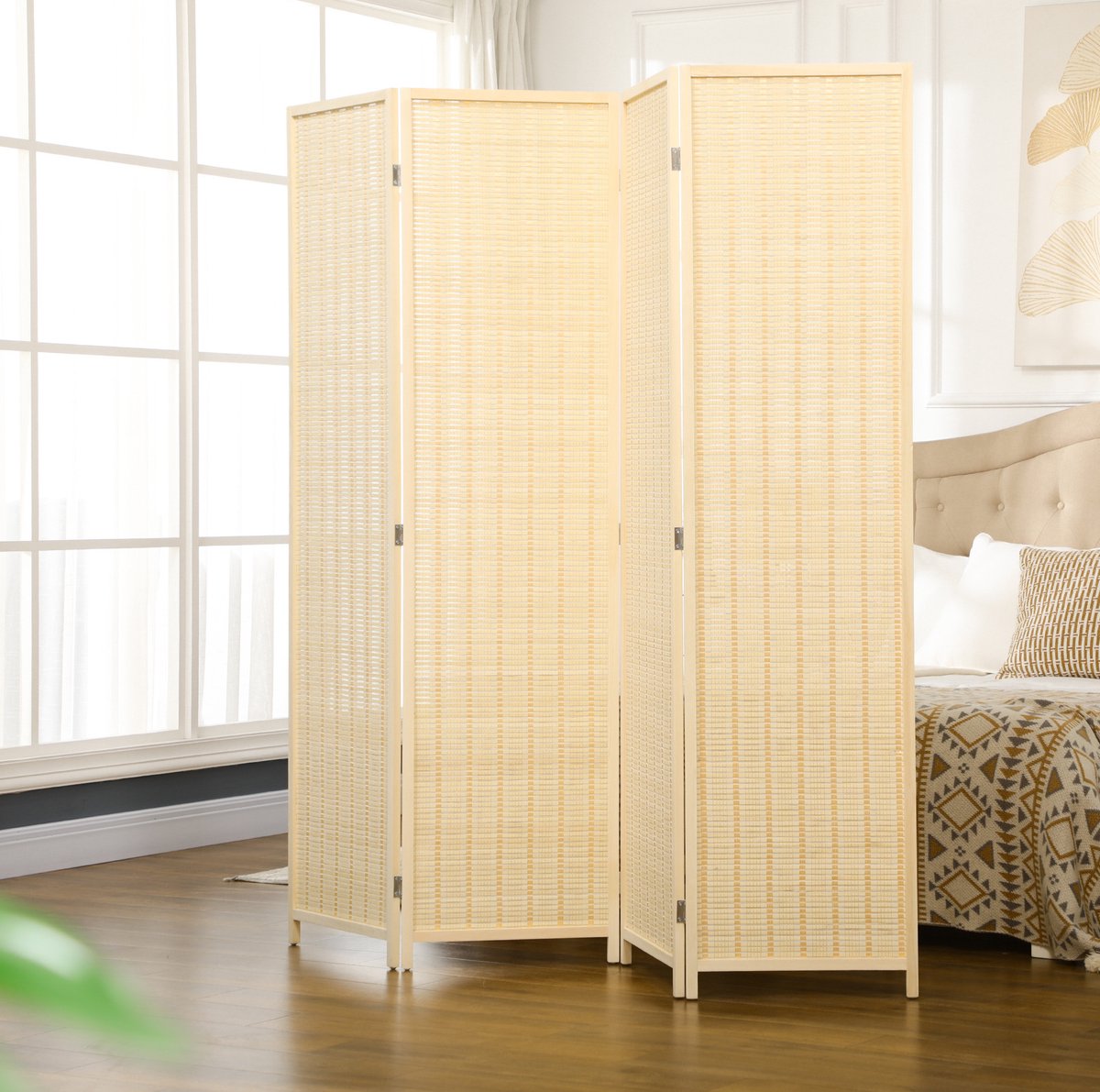 COVREO Paravent 180x180 cm - 4-delig, opvouwbaar, bamboe zichtscherm in naturel houtkleur