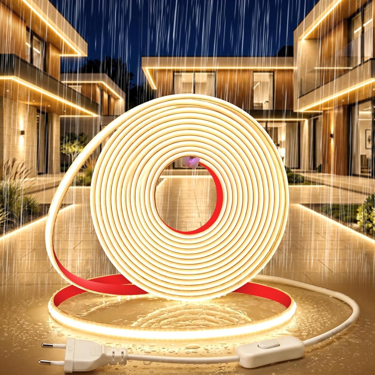 SnelShoppen - 230V COB LED Strip 5m Neutral White 4000K Waterproof IP65 | Zelfklevende Neon LED Strip 8mm Flexibel en Snijbaar met Switch voor Binnen