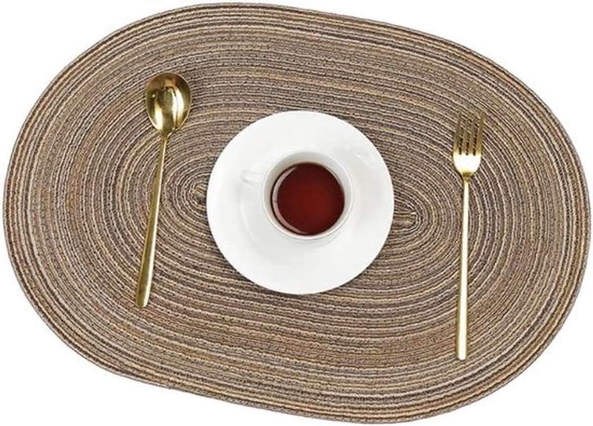 Set van 6 ovale placemats - Hittebestendig en antislip - Afwasbaar - Geweven onderzetters voor bruiloft, feest en verjaardag - Restaurant en keuken - 50x35cm - Bruin.