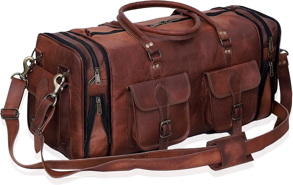 SnelShoppen - Vintage Travel Duffle Bag 30 Inch - Handgemaakte Leren Weekendtas - Gym Bag - Bruin Reistas - Ruim en Duurzaam - Ideaal voor Reis en Spo