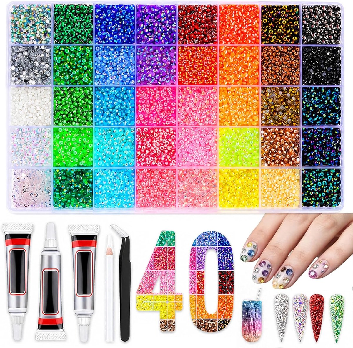 SnelShoppen - 40 Kleuren 3mm Jelly Rhinestones - 40.000 Stuks Glitterstenen Bedazzler Kit voor Creatieve Projecten, Nagels, Textiel, Diamant Schildere