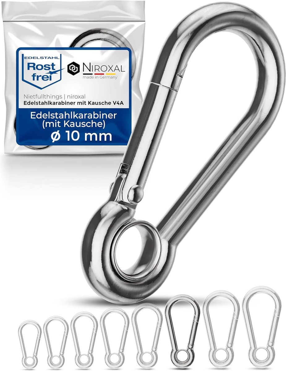 SnelShoppen - Grote 10mm RVS Carabiner Haak - Sterke Sleutelhanger met Oog - 100mm voor Hammock & Swing - Ideaal voor Camping, Tuin & Outdoor Activite
