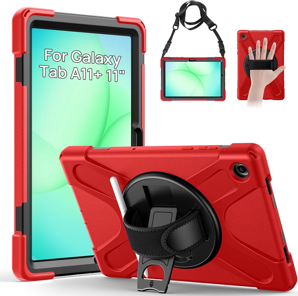 SnelShoppen - Rugged Protective Case voor Samsung Galaxy Tab A11 Plus 11" 2025 met Swivel Holder, Polsband, Schouderband en Balpen - Ideaal voor Kinde