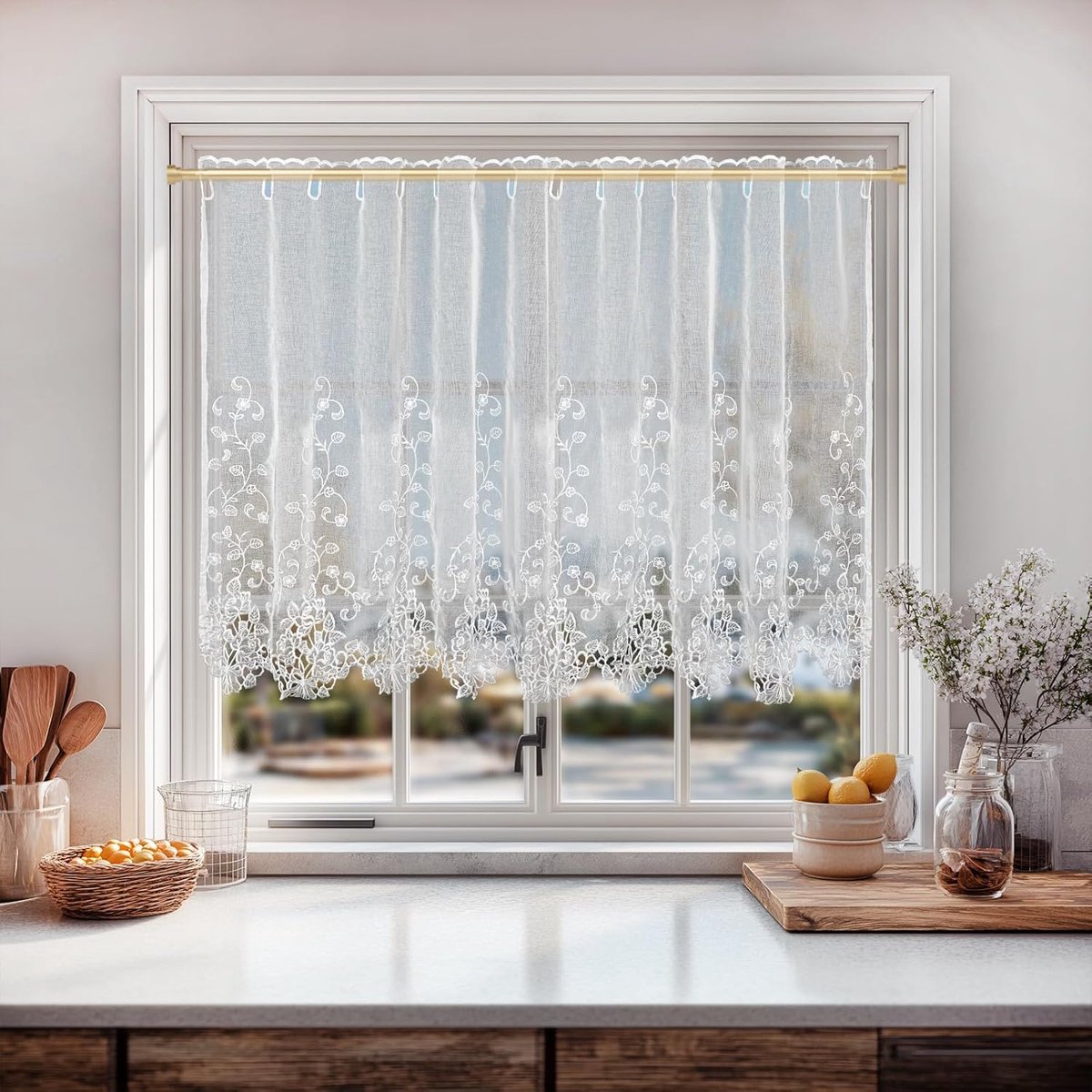 SnelShoppen - Luxe Witte Gordijn 75 x 150 cm, Jacquard Voile met Holle Borduursels, Korte Keukengordijn voor Deur en Gang, Stijlvol en Duurzaam