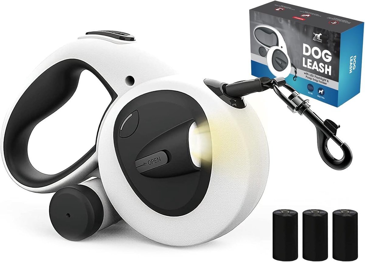 SnelShoppen - Hondenriem 5 m met Zaklamp - Inclusief Poepzakjes - Tot 50 kg - Reflecterend - Wandelleiband - Slipriem - Training - Touwriem