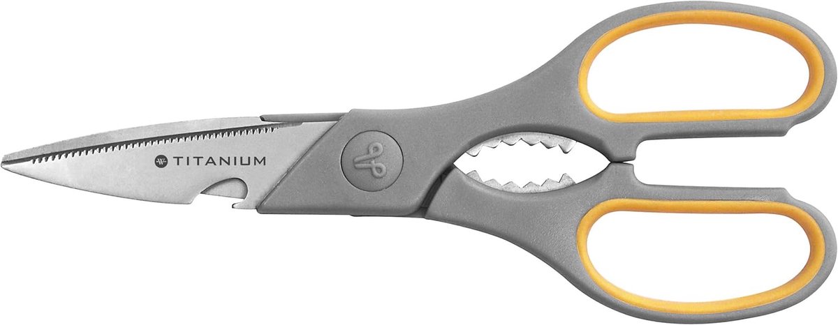 SnelShoppen - Multifunctionele Keuken Scharen 21 cm - Titanium Super Softgrip met Flessenopener en Micro-Tanden - Grijs-Geel Ergonomisch Design