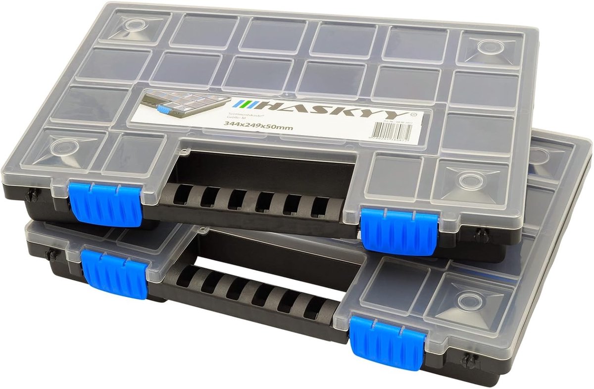 SnelShoppen - Assortimentskoffer XL, Opbergdoos met 2 Organizers, Stapelbaar, Onderverdeeld, 345 x 249 x 50 mm, Perfect voor Kleine Onderdelen, Gereed