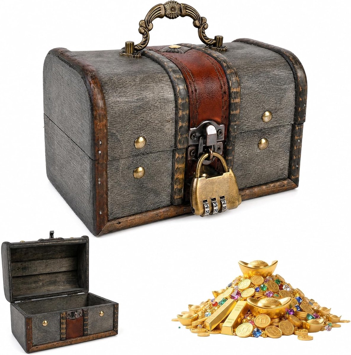 SnelShoppen - Vintage houten schatkist met slot – Antieke piratenschatkist, handgemaakte rustieke bewaardoos voor sieraden, 14,5x10x10 cm, perfect cad