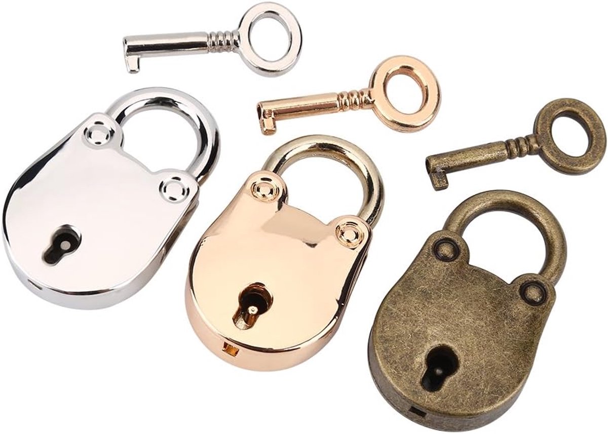 SnelShoppen - 3 Set Mini Padlocks met Sleutels, Mini Beer Vorm Padlocks Vintage Antieke Stijl voor Handtas Versiering Zilver, Goud en Brons