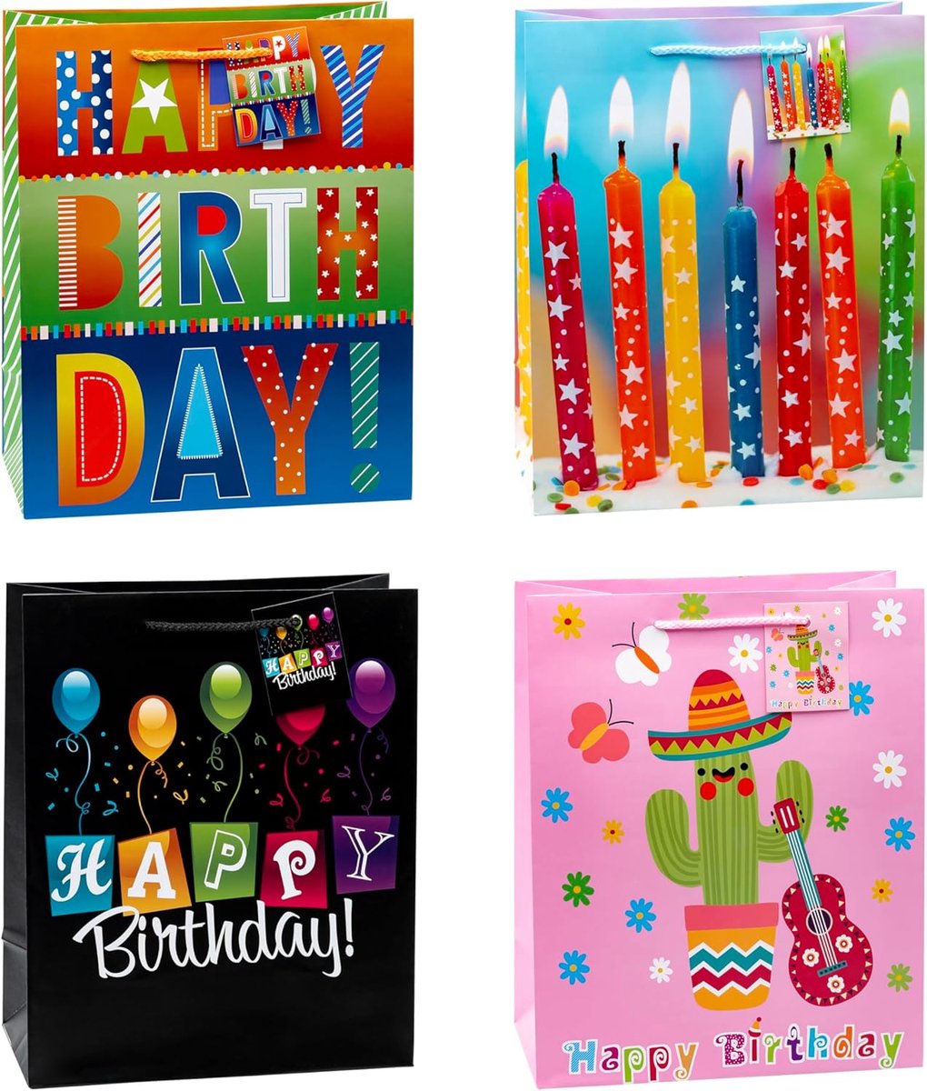SnelShoppen - Verjaardagscadeau Tassen Set van 12, Grote Maat (32x26x13.5 cm), Water- en Scheurbestendig, Matte PP Folie, Feest, Verjaardag, Cadeautas