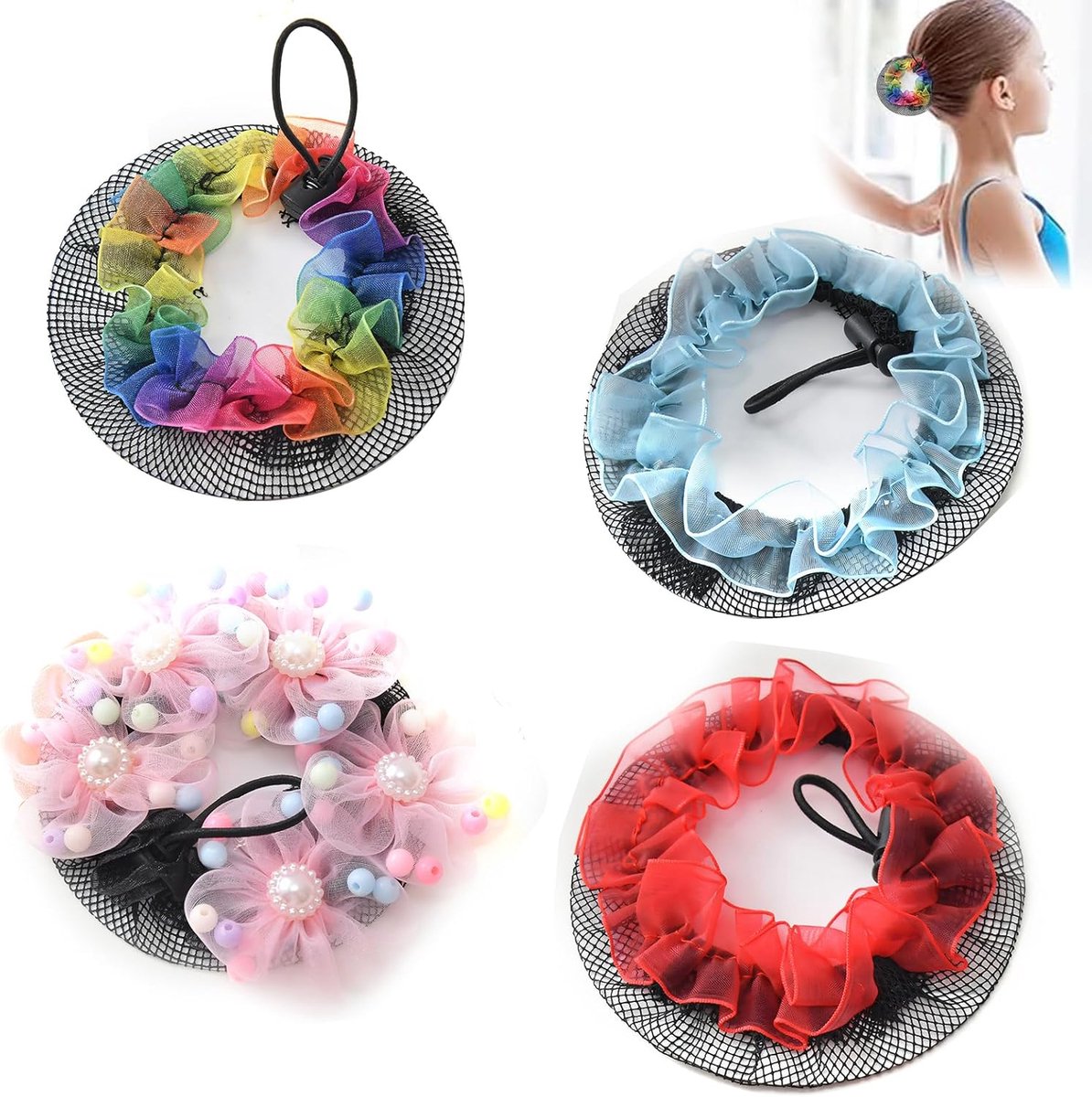 SnelShoppen - 4 Stuks Haarnetten voor Buns en Bunkussen, Klein, Zacht, Ademend Materiaal, Ideaal voor Kinderen en Dames, Perfecte Hairstyles voor Ball