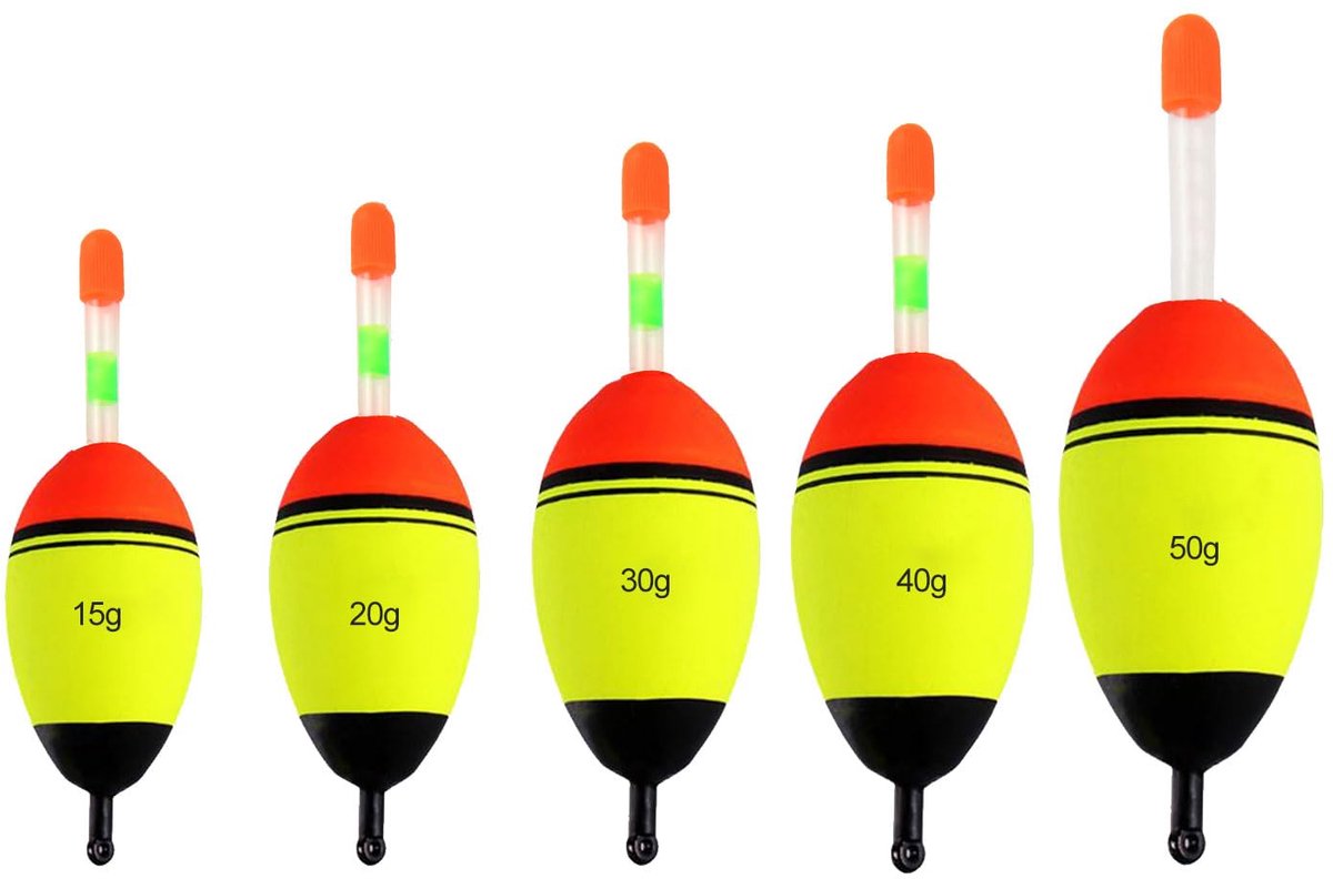 Dailygoods - Set Vissen Dobbers - Lichtgevende Drijvers 15g, 20g, 30g, 40g, 50g, 5 Stuks