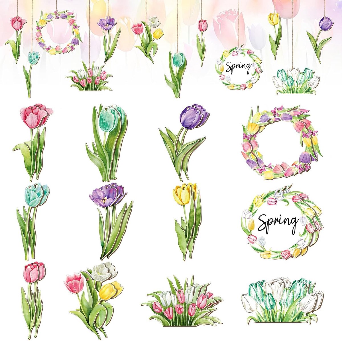 decoratie, lente, 24 stuks, kleurrijke houten hangers, lente, om op te hangen, hangende decoratie, houten hanger, lentebloemen, tulpen voor takken, deuren, ramen, tuinen, binnenplaatsen