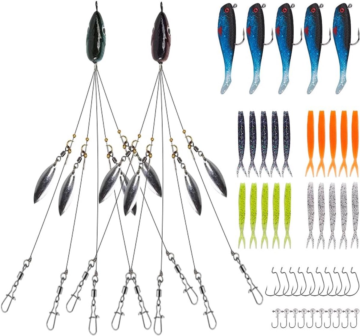 SnelShoppen - 5-arm multi-aas rig voor roofvissen met 5 jigkoppen, 20 haken, 10 swimbaits, ideaal voor snoekbaars, snoek en baars in zoet en zout wate