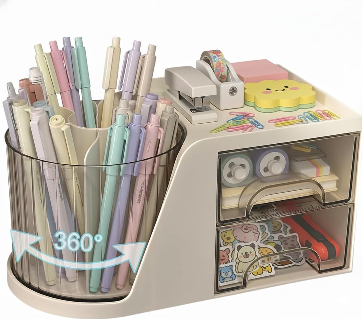 SnelShoppen - Draaiende Bureau Organizer voor Kinderen met 2 Lades, 360 Graden Penhouder voor Kantoor, Schoolbenodigdheden, Make-up en Kunstspullen (C
