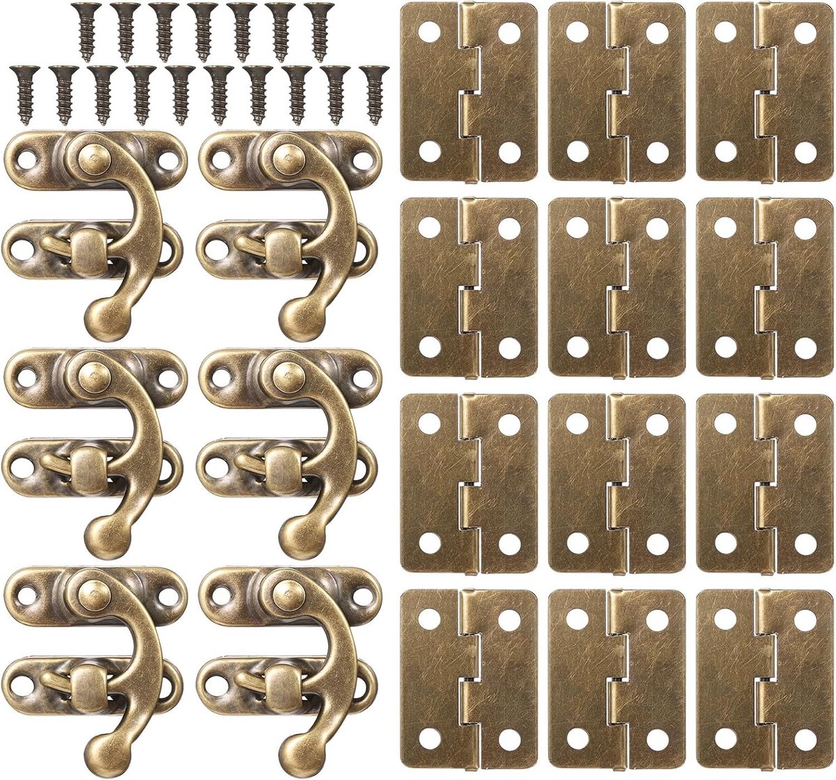 Antieke bronzen sluithaken set van 3, mini-scharnieren voor vergrendeling, ideaal voor sieradenkistjes en meubeldecoratie met 72 schroeven