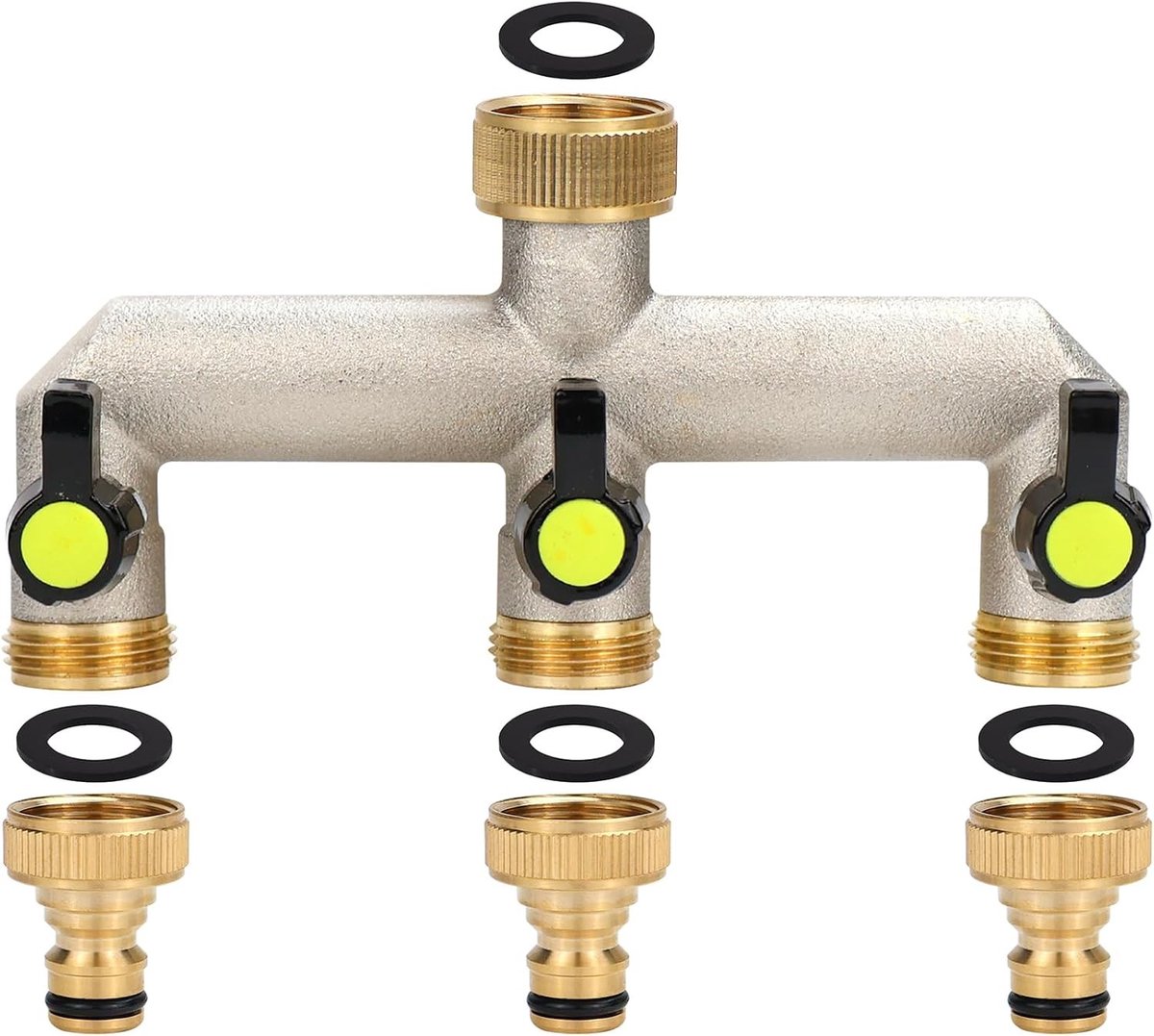 3-Weg Waterverdeler voor Tuin en Huis - 3/4 Inch Messing Waterkraan met 1/2 Inch Adapter en Kogelklep voor Efficiënte Waterstroom en Afsluiting