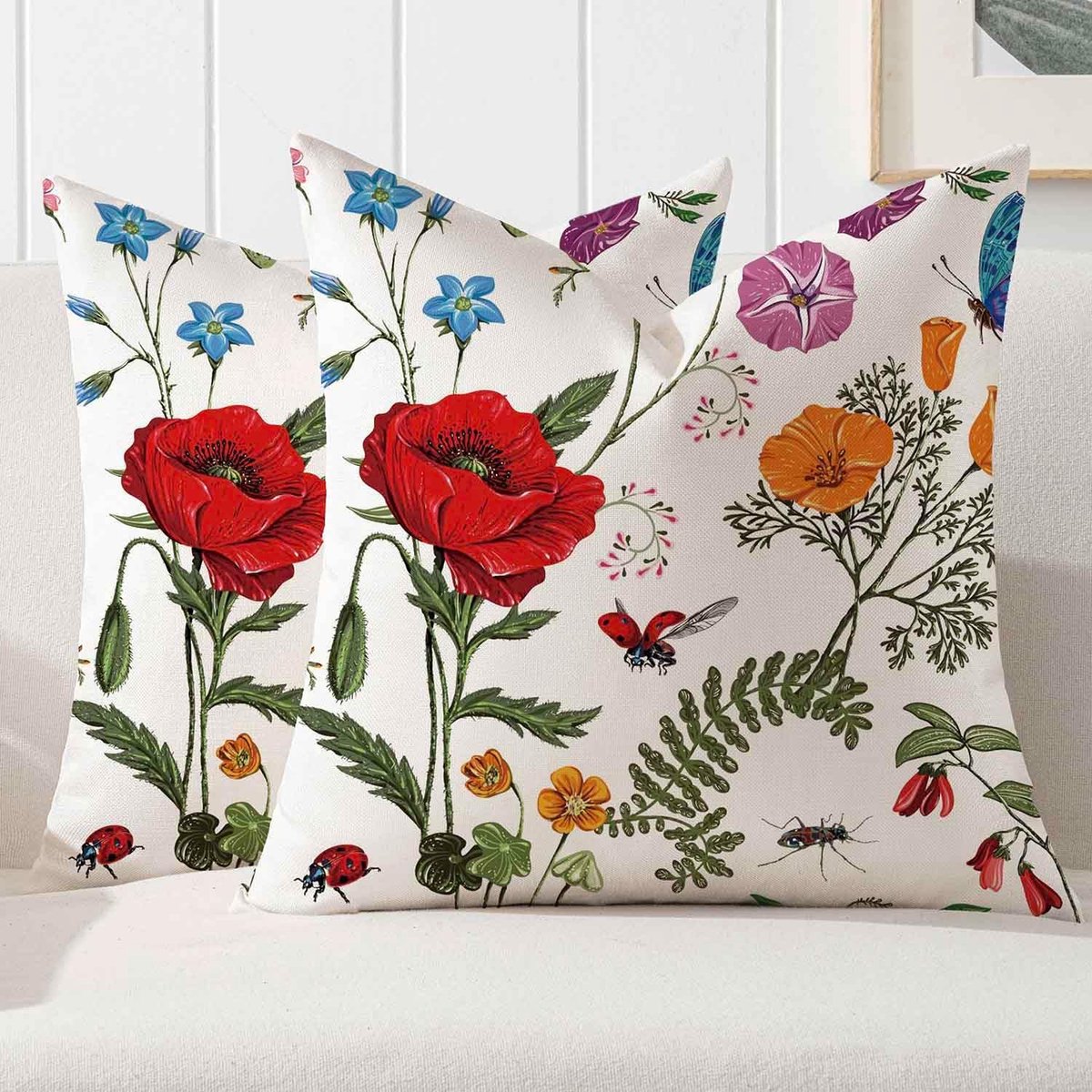 SnelShoppen - 2x 40x40 cm Spring Red Flowers Kussen - Kleurrijke Sofa Kussen voor Buiten & Binnen - Decoratief Bloemen Kussen voor Woonkamer & Tuin