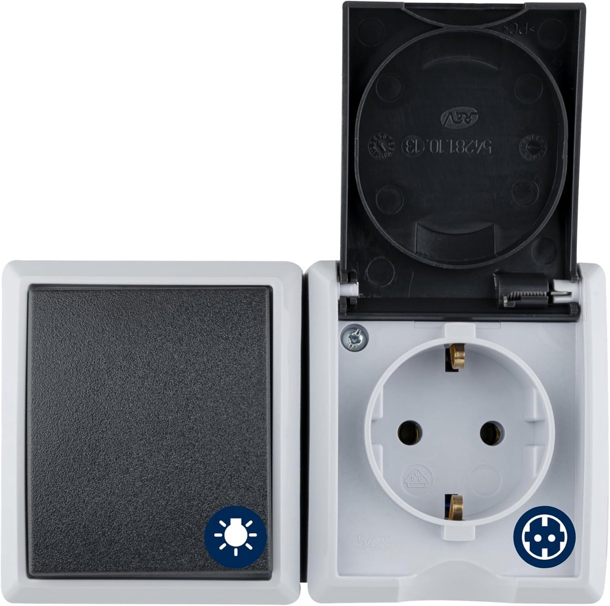 SnelShoppen - AquaForm Combi Socket met A/W Switch, IP44, Twee-polig, Opbouw, Horizontaal, Grijs voor Vochtige Ruimtes, Garage, Kelder, Tuin