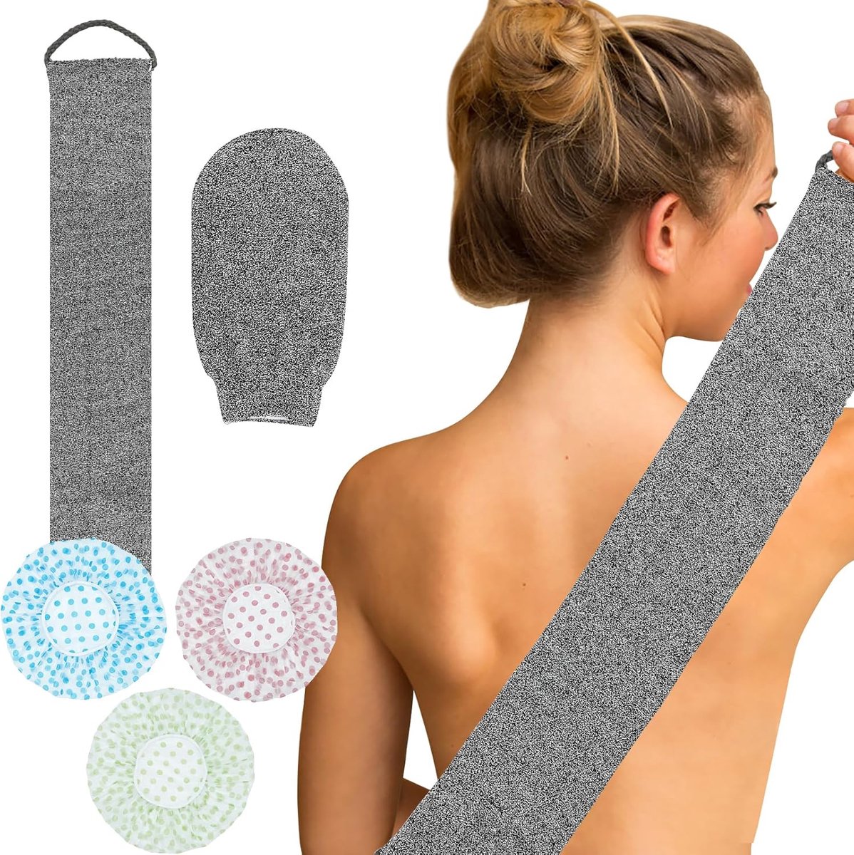 SnelShoppen - Wasriem op de rug, Peeling Zeephandschoen van Bamboevezels, Natuurlijke Zeep, Douchen en Wassen, Set van 3 Douchemups, Grijs, Perfect vo