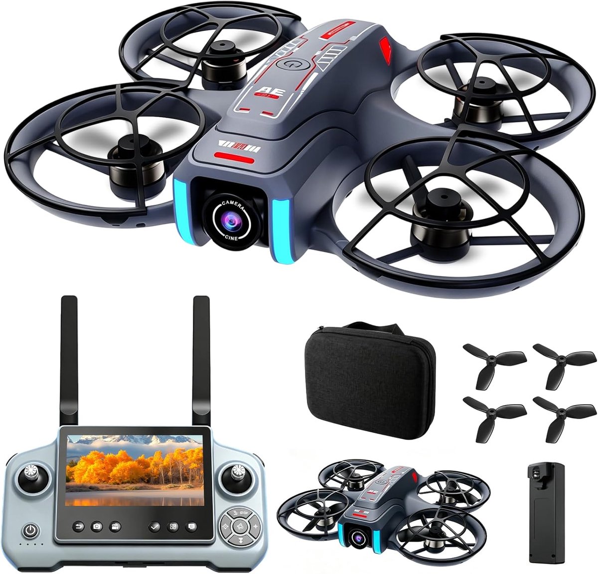 SnelShoppen - OBEST Drone met Camera, 4,5 Inch Beeldscherm Afstandsbediening, Slimme Vliegende Speelgoed met Intelligente Vermijding, 90° Verstelbare