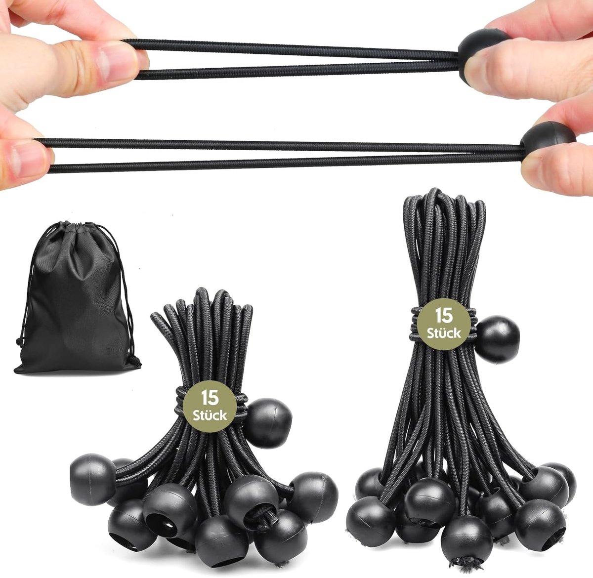 SnelShoppen - Pack van 30 Zwarte Rekbanden met Bal 10 cm en 15 cm, Waterdicht en UV-bestendig, Expander en Zeilspanner Set voor het Beveiligen van Zei