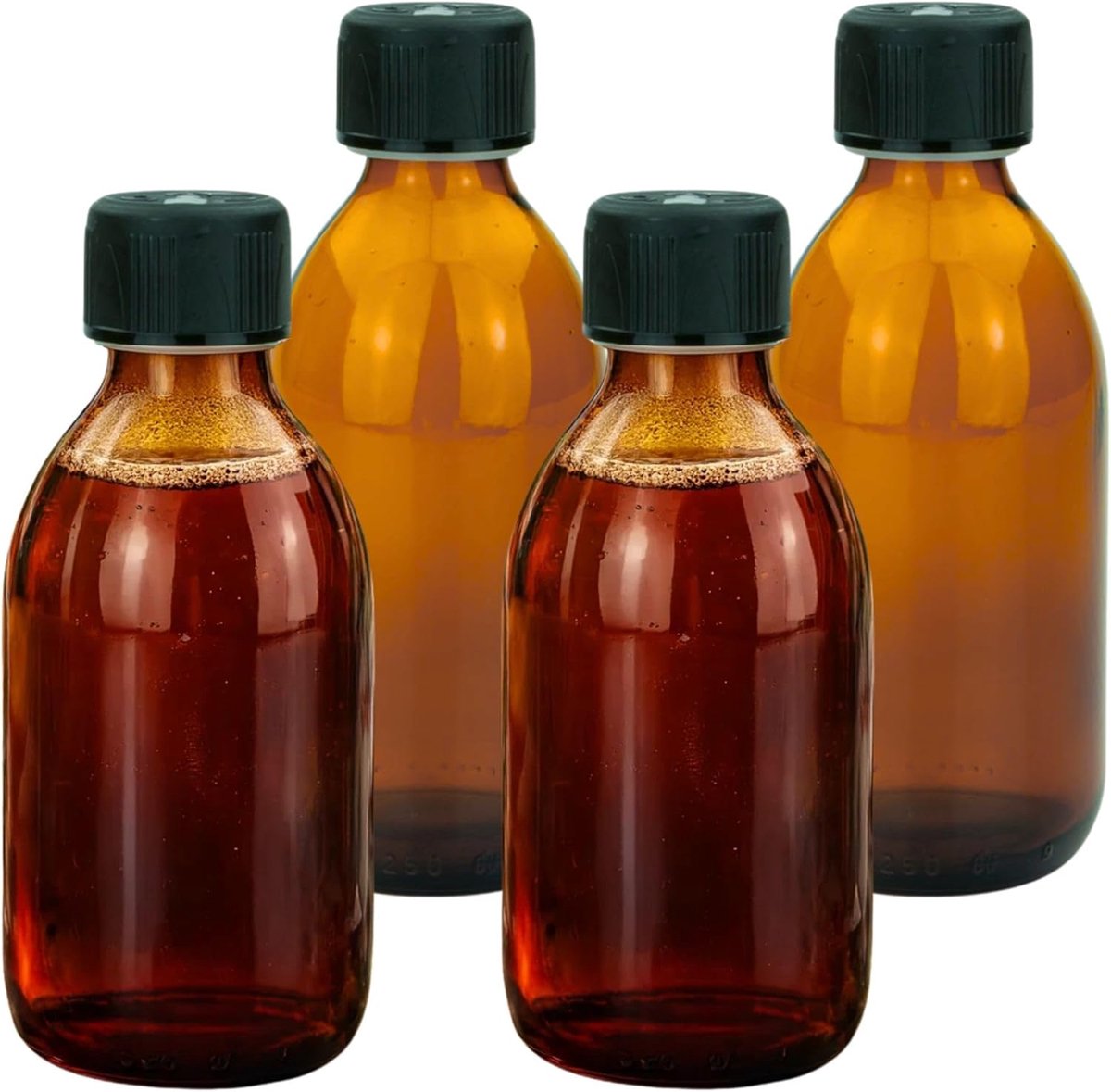 SnelShoppen - 4 Stuks Bruine Glazen Flessen 250ml met Schroefdop en Kinderslot - Laboratorium en Apotheker Fles - Hoogwaardige Glasfles voor Keuken, T