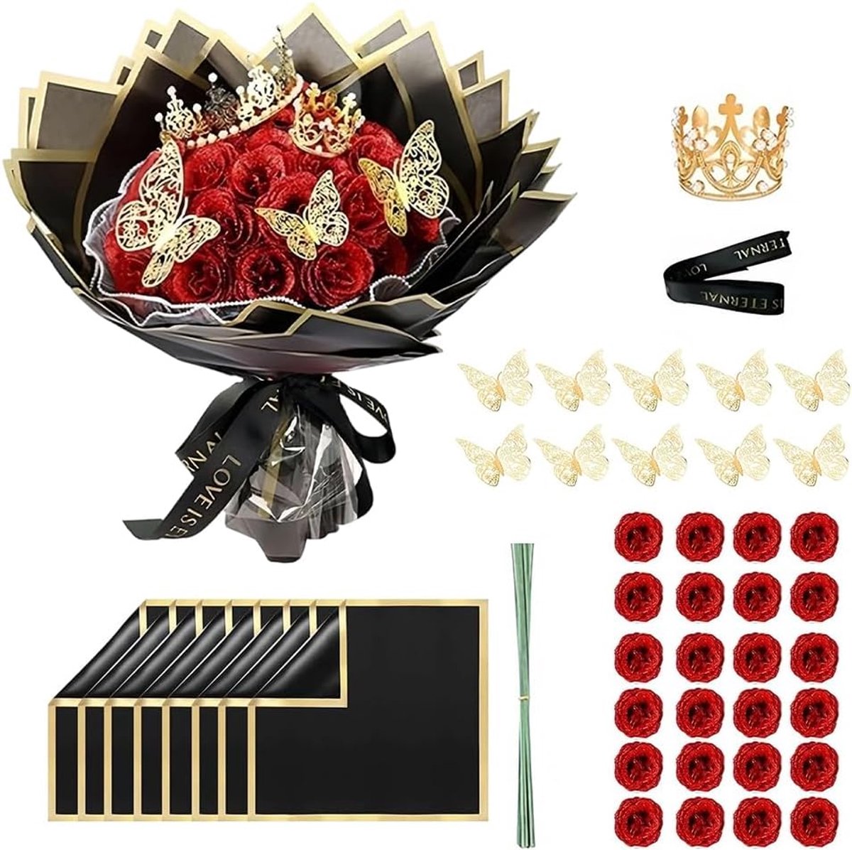 SnelShoppen - 24 Rode Glitter Kunstrozen Boeket met Kroon en Kaart, Luxe Zijde Bloemen Decoratie voor Moederdag, Verjaardag, Jubileum en Valentijn