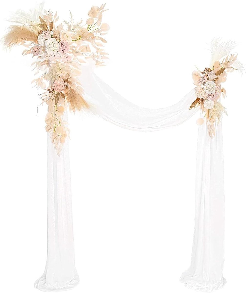 SnelShoppen - Wedding Arch Flower Set (3 Stuks), Kunstbloemen met Chiffon Gordijnen, Bloemarrangement voor Bruiloft, Beige, Hoogwaardige Zijde en Plas