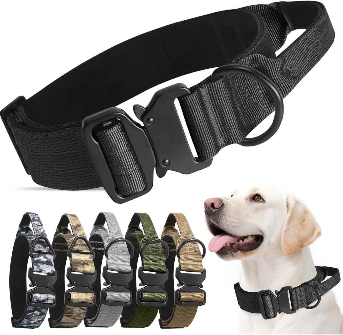 SnelShoppen - Tactical Dog Collar met Handvat, Verstelbare Militaire Nylon Hondenhalsband met Metalen Gesp, Gewatteerde Hondenhalsband voor Middelgrot