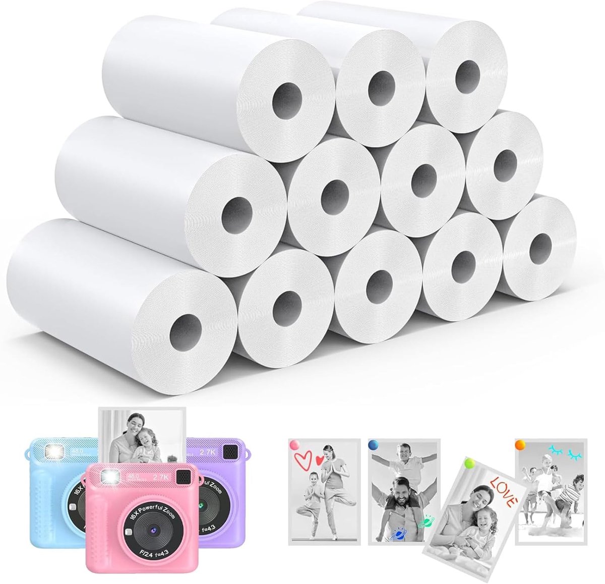 SnelShoppen - Thermal Paper voor Kinderen Camera, Vervangingspapier zonder Inkt voor Foto's, 12 Rollen, 57 x 25 mm, Veilig en Geurloos, Ideaal voor Ki