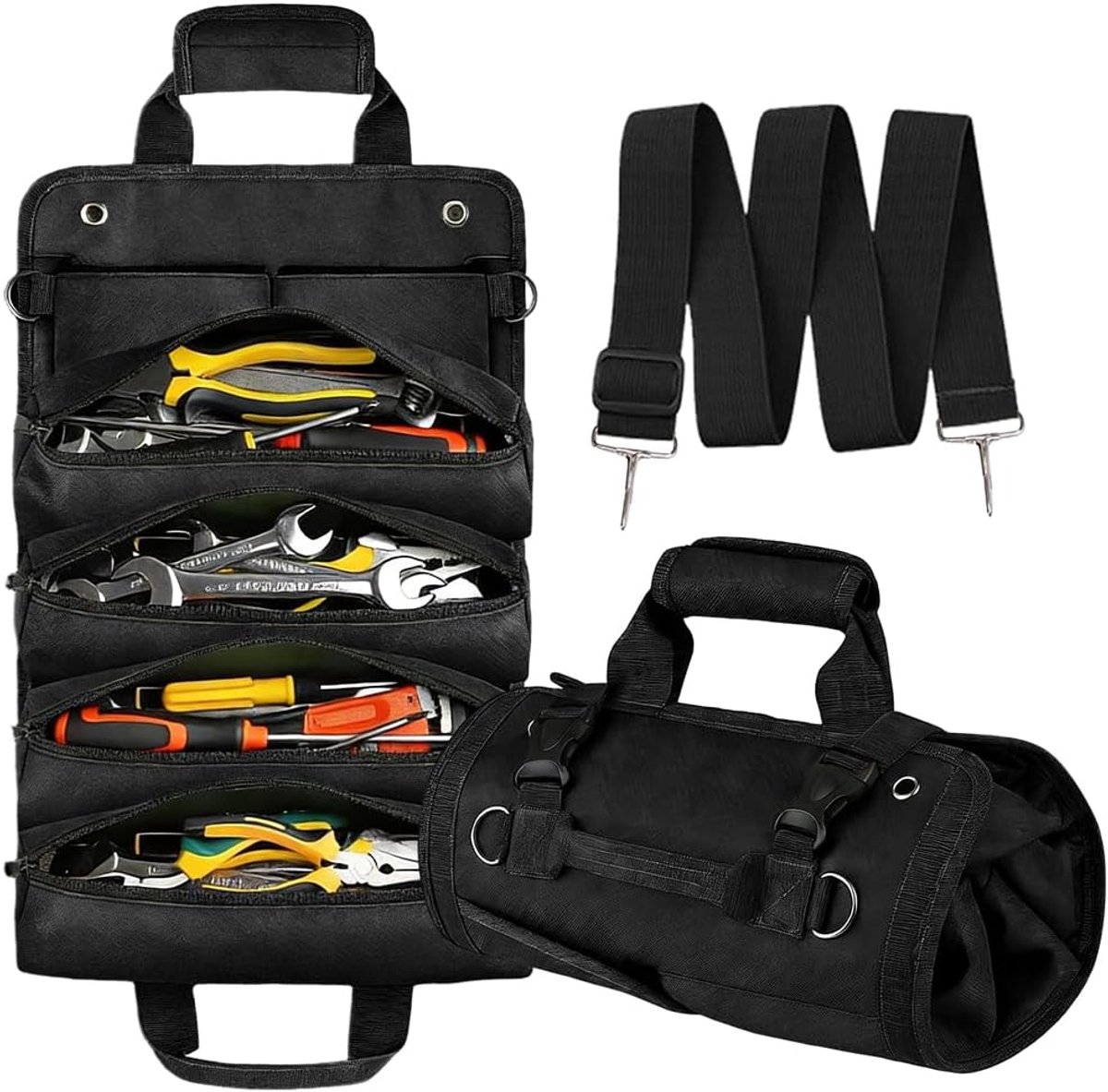 SnelShoppen - Tool Roll voor Mannen, Robuuste en Waterdichte Gereedschapstas van 1680D Oxford, Kleine Cadeaus voor Vader, Klussers, Kerst, Zwart