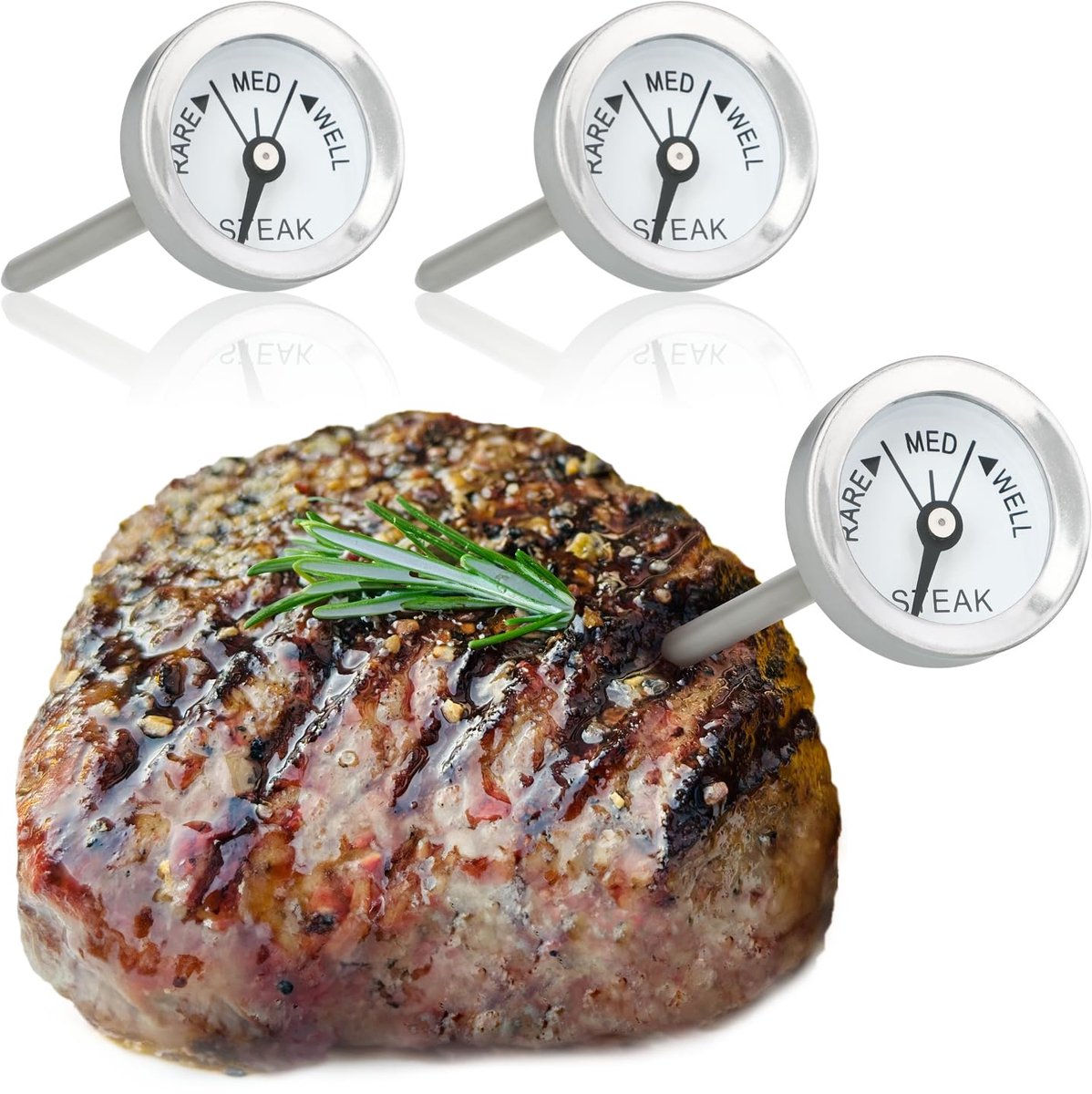 SnelShoppen - 3x Roestvrijstalen Vlees Thermometer - Analoge Grill Thermometer - 7 cm - Perfect voor Rundvlees, Varkensvlees, Kip en Wild - Keuken Acc