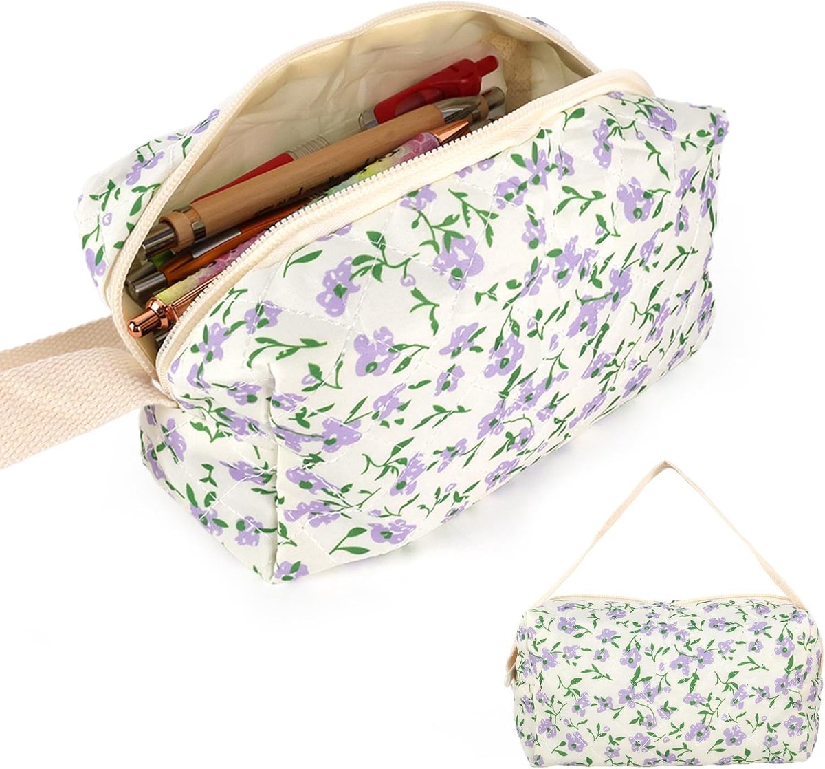 SnelShoppen - Grote Etui voor School en Kantoor, Aesthetic Bloemen, Handige Pencil Case met Handvat, Makeup Tas & Geld Tas voor Meisjes en Volwassenen