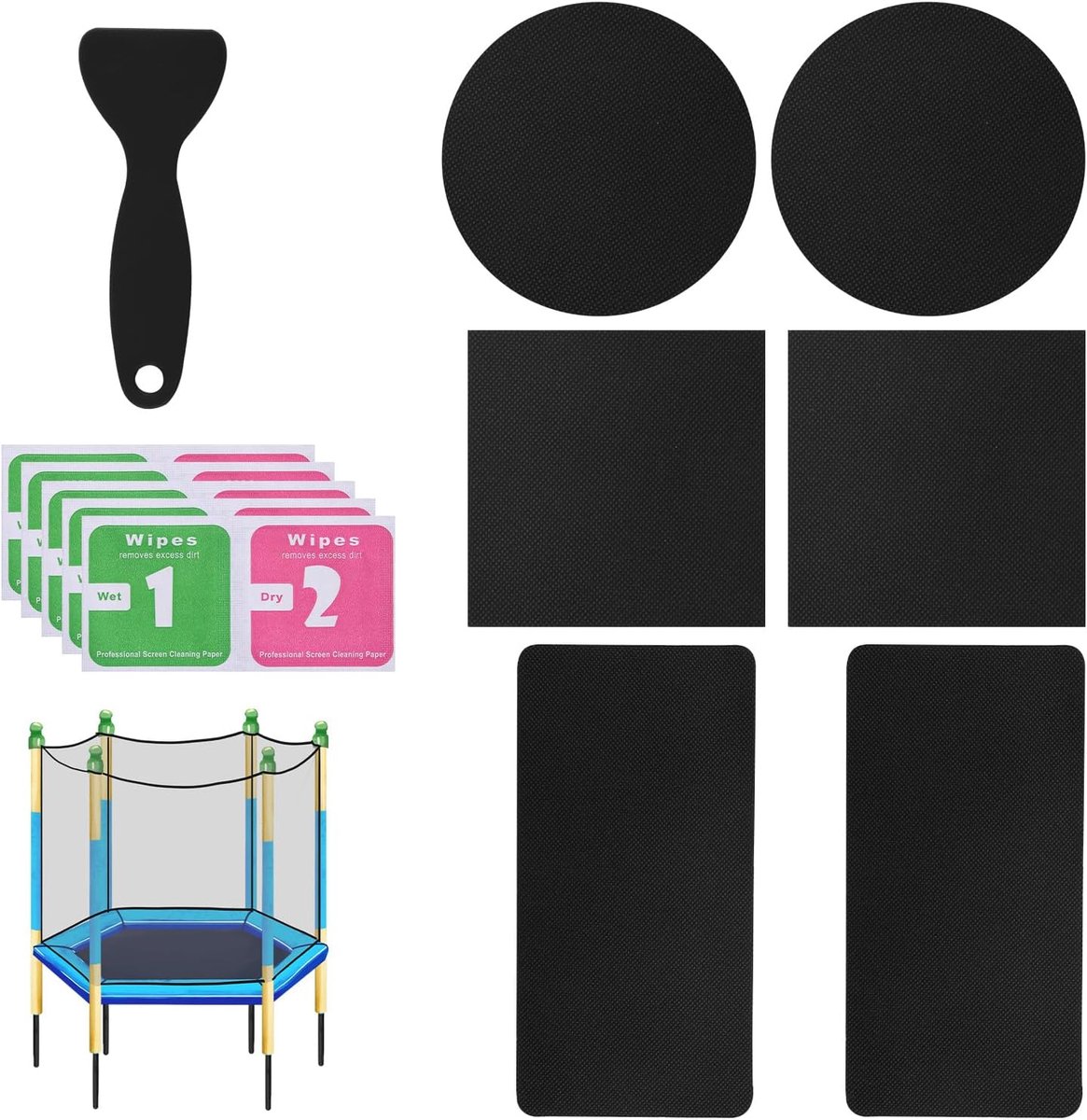 SnelShoppen - Trampoline Reparatie Patch Set 6 Stuks - Zelfklevende Patches voor Trampoline Mat - 3 Vormen - Inclusief Schraper en Doekjes - Zwart