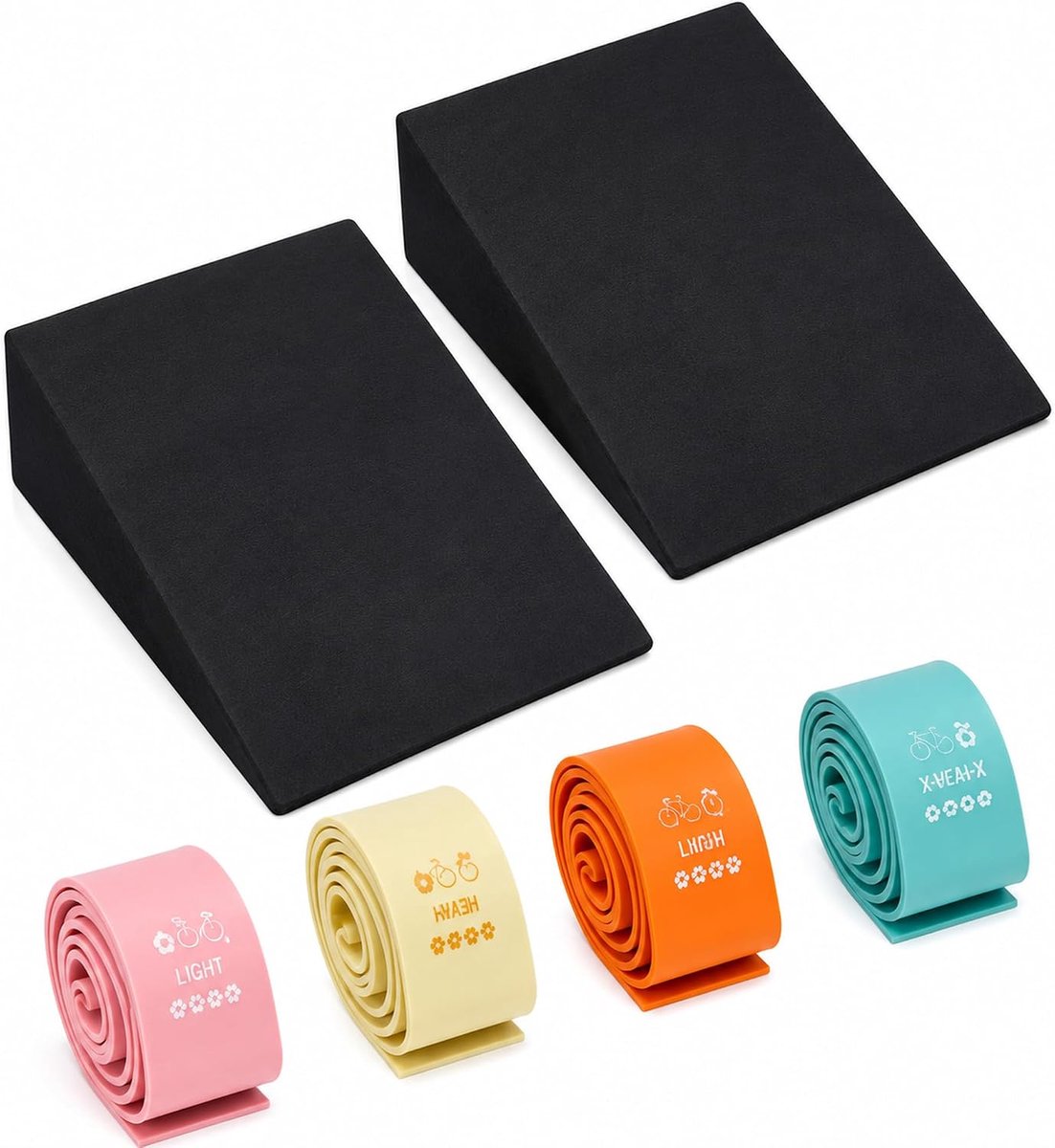 SnelShoppen - Kuitstretchers Set van 2 - Squat Wig met 4 Fitnessbanden - Kuitstrekker en Kniewig voor Diepe Kniebuigingen, Deadlift en Yoga - Verhoogd